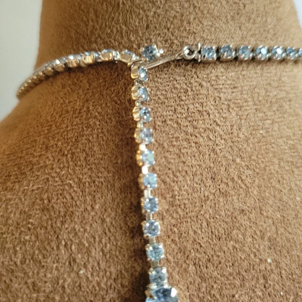 Vintage Art Deco Style Ice Blue Rhinestone Choker Necklace 16 Inch Silver Tone
